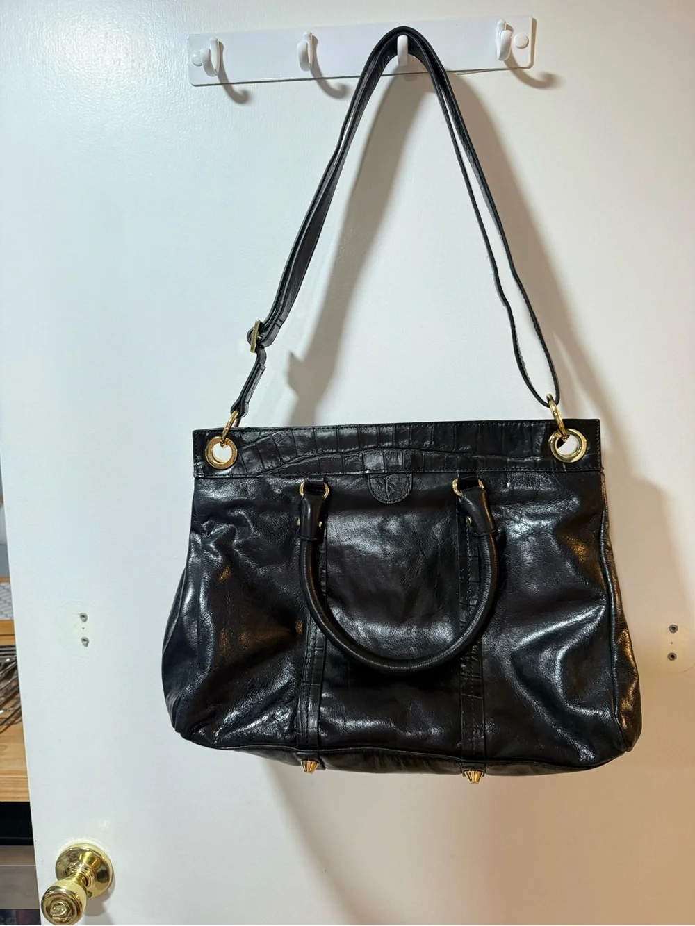 Black Leather Structured Satchel Handbag